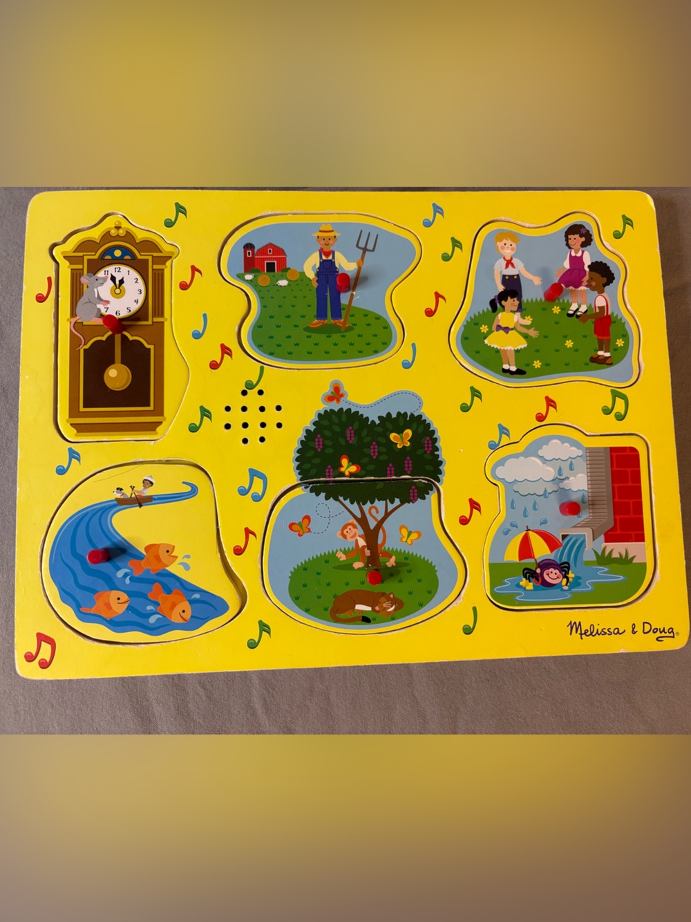 Melissa & Doug Yellow Farm & Nature Wooden Peg Nursery Rhymes Sound Puzzle